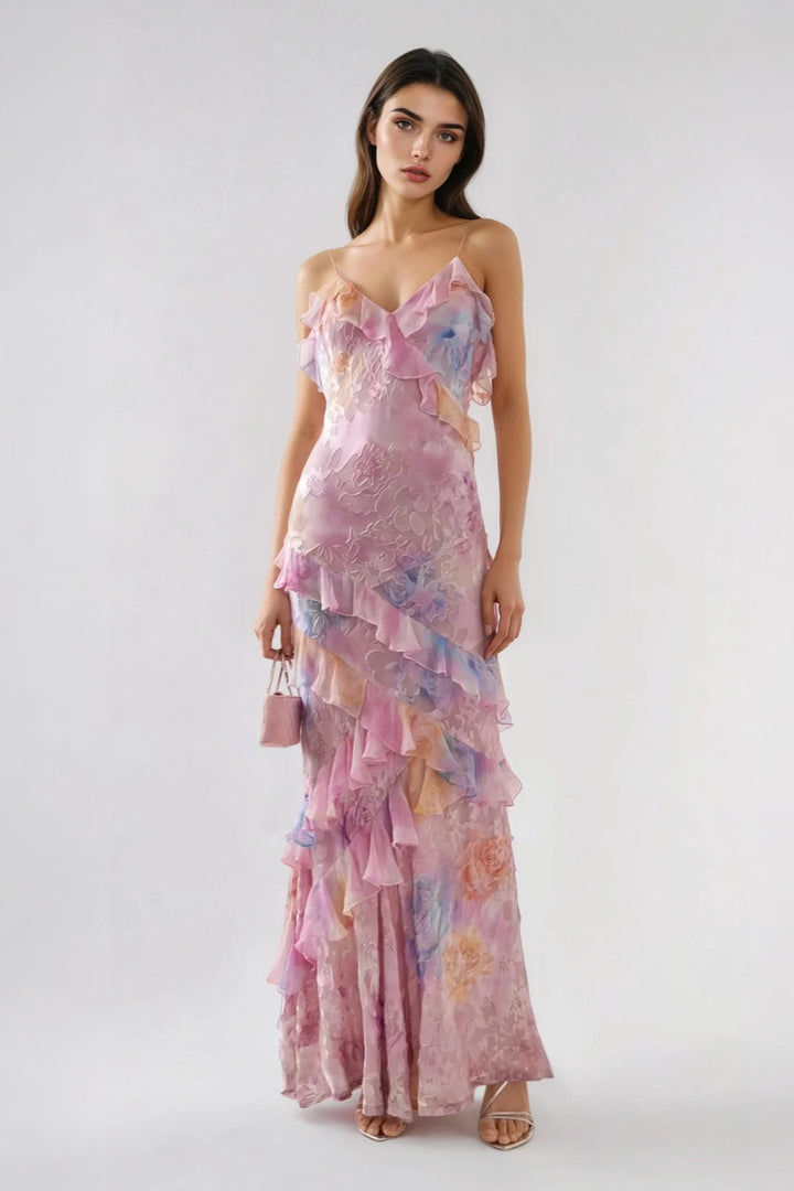 Fiorella – Floral Ruffle Backless Maxi Dress